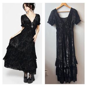 Disturbia Lilias Devoré Tiered Maxi Dress size 2 Black Velvet Goth Whimsygoth